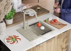 PRIMAGRAN Evier Cuisine en Granit Beige 55x44cm, Lavabo 1 bac + Kit de Vidage, Évier à Encastrer au meuble 45cm - Copenhague Easy