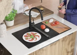 PRIMAGRAN Evier Cuisine en Granit Graphite 90x50cm, Lavabo 1 bac + Kit de Vidage + Accessoires, Évier à Encastrer au meuble 60cm