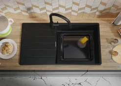 PRIMAGRAN Evier Cuisine en Granit Graphite 90x50cm, Lavabo 1 bac + Kit de Vidage + Accessoires, Évier à Encastrer au meuble 60cm