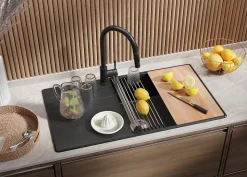 PRIMAGRAN Evier Cuisine en Granit Graphite 90x50cm, Lavabo 1 bac + Kit de Vidage + Accessoires, Évier à Encastrer au meuble 60cm