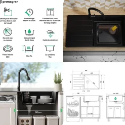 PRIMAGRAN Evier Cuisine en Granit Graphite 90x50cm, Lavabo 1 bac + Kit de Vidage + Accessoires, Évier à Encastrer au meuble 60cm