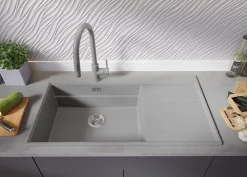 PRIMAGRAN Evier Cuisine en Granit Gris 90x50cm, Lavabo 1 bac + Kit de Vidage + Accessoires, Évier à Encastrer au meuble 60cm