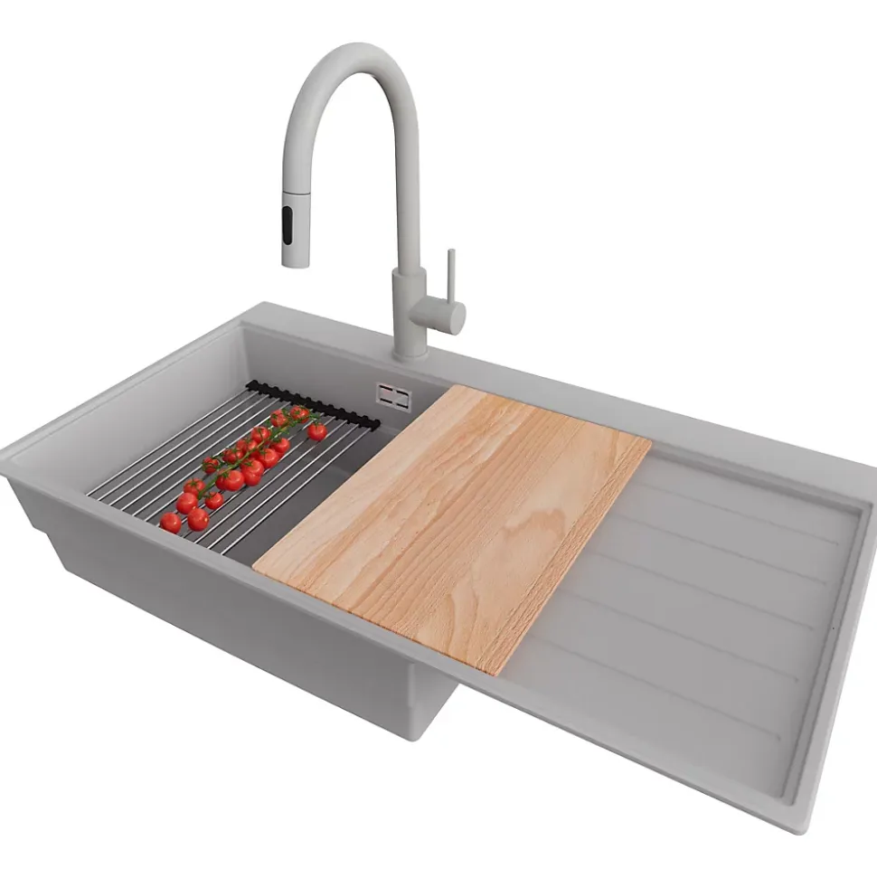 PRIMAGRAN Evier Cuisine en Granit Gris 90x50cm, Lavabo 1 bac + Kit de Vidage + Accessoires, Évier à Encastrer au meuble 60cm