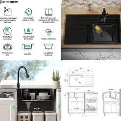 PRIMAGRAN Evier Cuisine en Granit Gris 90x50cm, Lavabo 1 bac + Kit de Vidage + Accessoires, Évier à Encastrer au meuble 60cm