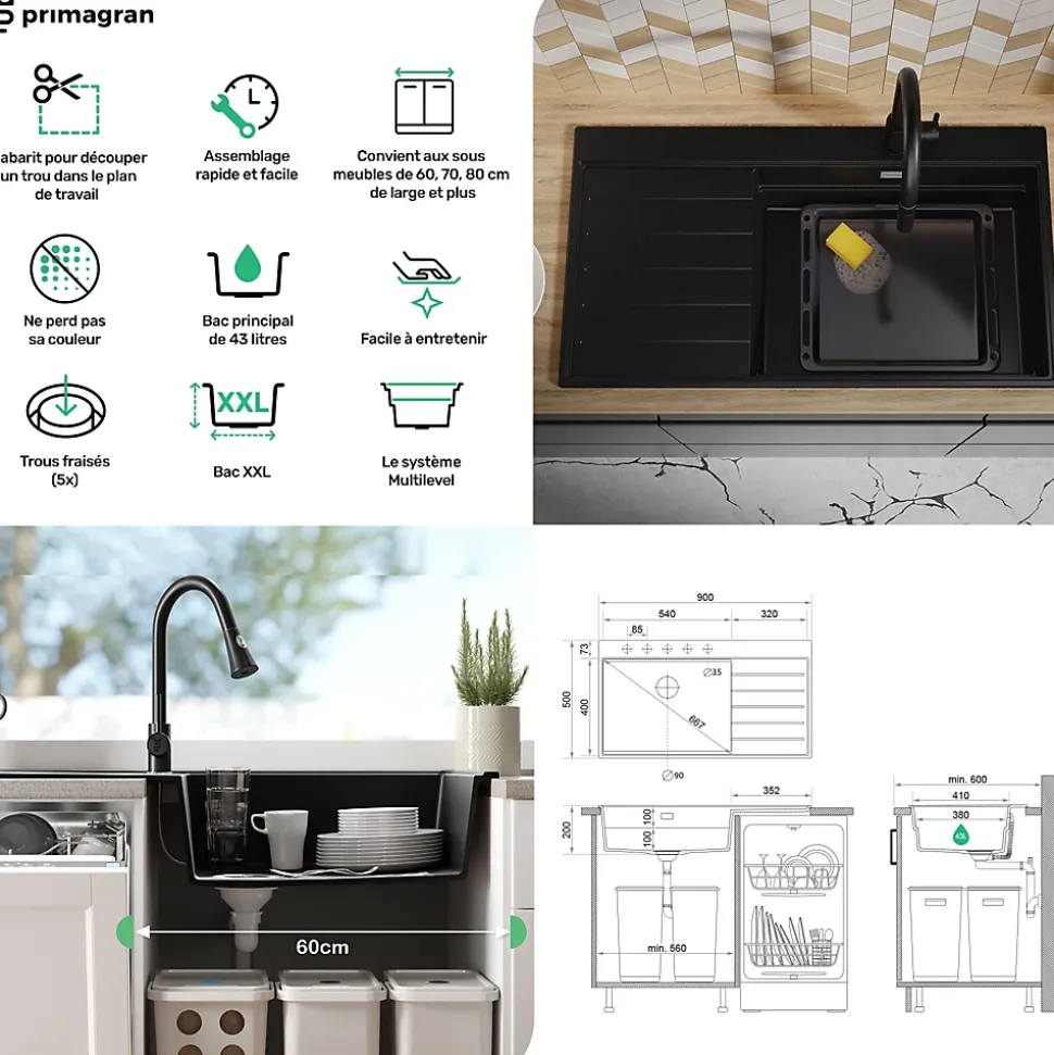 PRIMAGRAN Evier Cuisine en Granit Gris 90x50cm, Lavabo 1 bac + Kit de Vidage + Accessoires, Évier à Encastrer au meuble 60cm