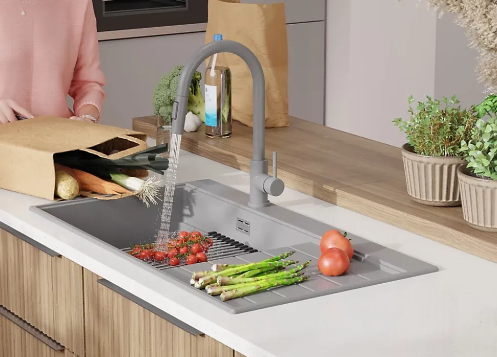 PRIMAGRAN Evier Cuisine en Granit Gris 90x50cm, Lavabo 1 bac + Kit de Vidage + Accessoires, Évier à Encastrer au meuble 60cm