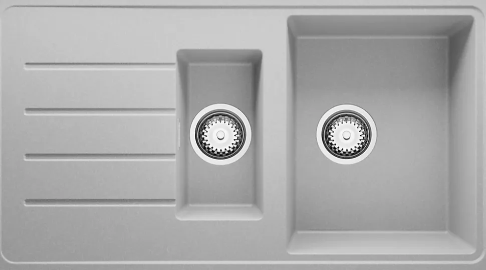 PRIMAGRAN Evier Cuisine en Granit Gris 90x50cm, Lavabo 1,5 bacs + Kit de Vidage + Accessoires, Évier à Encastrer au meuble 60cm