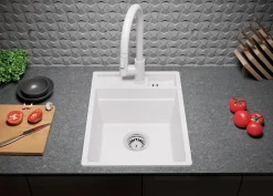 PRIMAGRAN Evier Cuisine en Granit Blanc 38x53cm, Lavabo 1 bac + Kit de Vidage + Accessoires, Évier à Encastrer au meuble 40cm