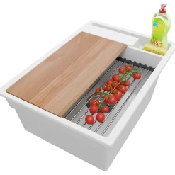 PRIMAGRAN Evier Cuisine en Granit Blanc 38x53cm, Lavabo 1 bac + Kit de Vidage + Accessoires, Évier à Encastrer au meuble 40cm