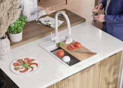 PRIMAGRAN Evier Cuisine en Granit Blanc 38x53cm, Lavabo 1 bac + Kit de Vidage + Accessoires, Évier à Encastrer au meuble 40cm