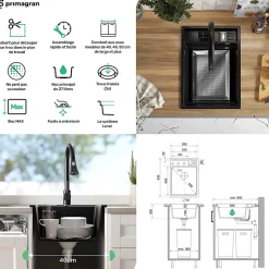 PRIMAGRAN Evier Cuisine en Granit Blanc 38x53cm, Lavabo 1 bac + Kit de Vidage + Accessoires, Évier à Encastrer au meuble 40cm