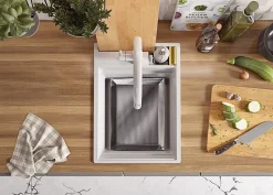 PRIMAGRAN Evier Cuisine en Granit Blanc 38x53cm, Lavabo 1 bac + Kit de Vidage + Accessoires, Évier à Encastrer au meuble 40cm