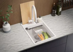 PRIMAGRAN Evier Cuisine en Granit Blanc 38x53cm, Lavabo 1 bac + Kit de Vidage + Accessoires, Évier à Encastrer au meuble 40cm