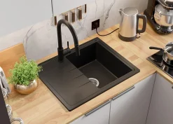 PRIMAGRAN Evier Cuisine en Granit Tout Noir 62x50cm, Lavabo 1 bac + Kit de Vidage + Accessoires, Évier à Encastrer au meuble 40cm