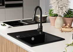 PRIMAGRAN Evier Cuisine en Granit Tout Noir 62x50cm, Lavabo 1 bac + Kit de Vidage + Accessoires, Évier à Encastrer au meuble 40cm
