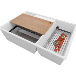 PRIMAGRAN Evier Cuisine en Granit Blanc 78x53cm, Lavabo 2 bacs + Kit de Vidage + Accessoires, Évier à Encastrer au meuble 80cm