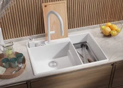 PRIMAGRAN Evier Cuisine en Granit Blanc 78x53cm, Lavabo 2 bacs + Kit de Vidage + Accessoires, Évier à Encastrer au meuble 80cm