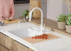 PRIMAGRAN Evier Cuisine en Granit Blanc 78x53cm, Lavabo 2 bacs + Kit de Vidage + Accessoires, Évier à Encastrer au meuble 80cm