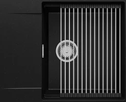 PRIMAGRAN Evier Cuisine en Granit Noir Métallisé 62x50cm, Lavabo 1 bac + Accessoires, Évier à Encastrer au meuble 50cm