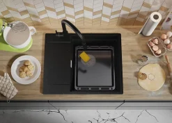 PRIMAGRAN Evier Cuisine en Granit Noir Métallisé 62x50cm, Lavabo 1 bac + Accessoires, Évier à Encastrer au meuble 50cm