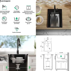 PRIMAGRAN Evier Cuisine en Granit Noir 38x50cm, Lavabo 1 bac + Kit de Vidage, Évier à Encastrer au meuble 40cm - Riga
