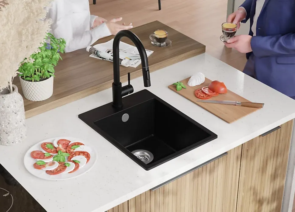 PRIMAGRAN Evier Cuisine en Granit Noir 38x50cm, Lavabo 1 bac + Kit de Vidage, Évier à Encastrer au meuble 40cm - Riga