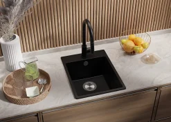 PRIMAGRAN Evier Cuisine en Granit Noir 38x50cm, Lavabo 1 bac + Kit de Vidage, Évier à Encastrer au meuble 40cm - Riga
