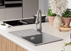 PRIMAGRAN Evier Cuisine en Granit Gris 70x44cm, Lavabo 1 bac + Kit de Vidage, Évier à Encastrer au meuble 45cm - Copenhague Easy
