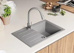 PRIMAGRAN Evier Cuisine en Granit Gris 70x44cm, Lavabo 1 bac + Kit de Vidage, Évier à Encastrer au meuble 45cm - Copenhague Easy