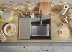 PRIMAGRAN Evier Cuisine en Granit Gris 62x53cm, Lavabo 1 bac + Kit de Vidage + Accessoires, Évier à Encastrer au meuble 45cm