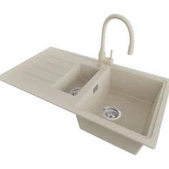 PRIMAGRAN Evier Cuisine en Granit Beige 90x50cm, Lavabo 1,5 bacs + Kit de Vidage + Accessoires, Évier à Encastrer au meuble 60cm