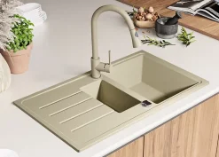 PRIMAGRAN Evier Cuisine en Granit Beige 90x50cm, Lavabo 1,5 bacs + Kit de Vidage + Accessoires, Évier à Encastrer au meuble 60cm