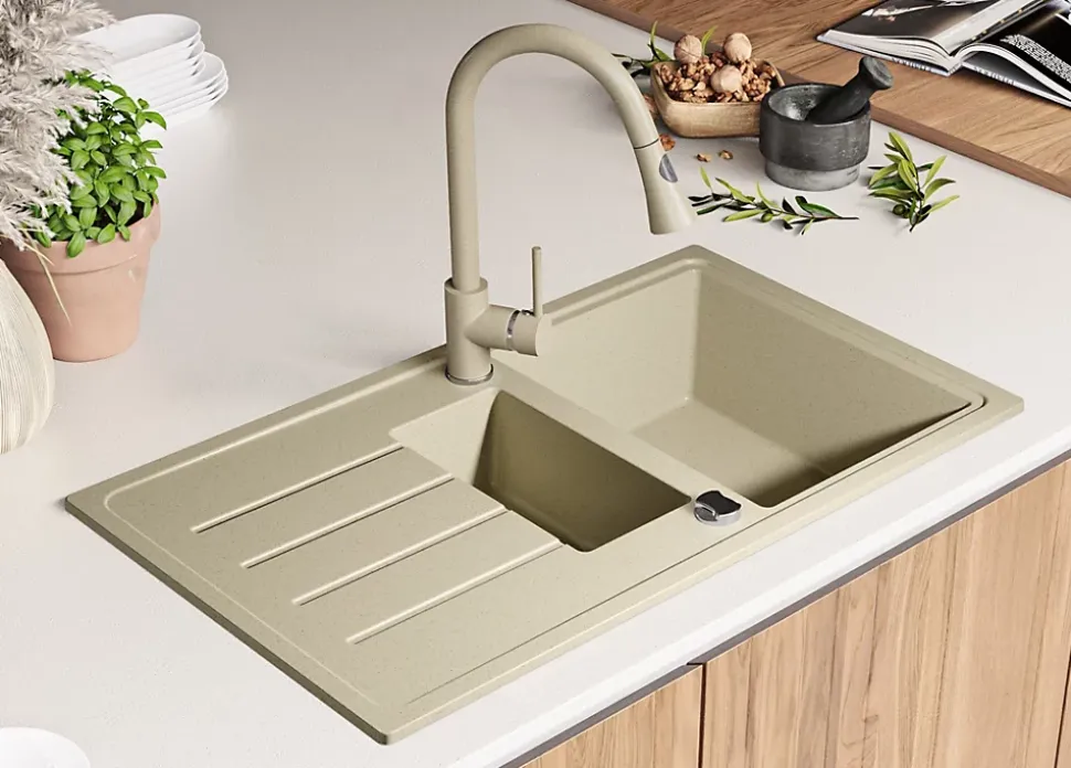 PRIMAGRAN Evier Cuisine en Granit Beige 90x50cm, Lavabo 1,5 bacs + Kit de Vidage + Accessoires, Évier à Encastrer au meuble 60cm