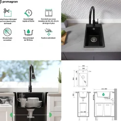 PRIMAGRAN Evier Cuisine en Granit Blanc 28x50cm, Lavabo 1 bac + Kit de Vidage, Évier à Encastrer au meuble 30cm - Riga