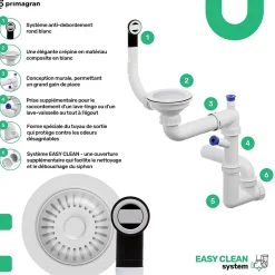 PRIMAGRAN Evier Cuisine en Granit Tout Blanc 48x50cm, Lavabo 1 bac + Kit de Vidage, Évier à Encastrer au meuble 50cm - Riga