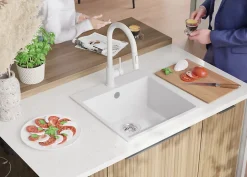 PRIMAGRAN Evier Cuisine en Granit Tout Blanc 48x50cm, Lavabo 1 bac + Kit de Vidage, Évier à Encastrer au meuble 50cm - Riga