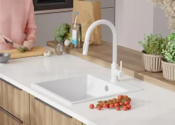 PRIMAGRAN Evier Cuisine en Granit Tout Blanc 48x50cm, Lavabo 1 bac + Kit de Vidage, Évier à Encastrer au meuble 50cm - Riga