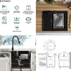 PRIMAGRAN Evier Cuisine en Granit Blanc 55x44cm, Lavabo 1 bac + Kit de Vidage + Accessoires, Évier à Encastrer au meuble 45cm