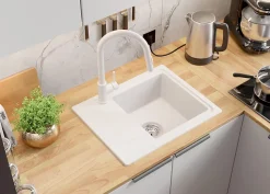 PRIMAGRAN Evier Cuisine en Granit Blanc 55x44cm, Lavabo 1 bac + Kit de Vidage + Accessoires, Évier à Encastrer au meuble 45cm