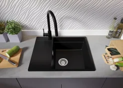 PRIMAGRAN Evier Cuisine en Granit Noir 62x50cm, Lavabo 1 bac + Kit de Vidage + Accessoires, Évier à Encastrer au meuble 50cm