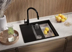 PRIMAGRAN Evier Cuisine en Granit Noir 62x50cm, Lavabo 1 bac + Kit de Vidage + Accessoires, Évier à Encastrer au meuble 50cm