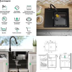 PRIMAGRAN Evier Cuisine en Granit Noir 62x50cm, Lavabo 1 bac + Kit de Vidage + Accessoires, Évier à Encastrer au meuble 50cm