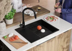 PRIMAGRAN Evier Cuisine en Granit Noir 62x50cm, Lavabo 1 bac + Kit de Vidage + Accessoires, Évier à Encastrer au meuble 50cm