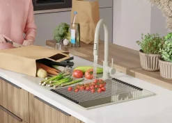 PRIMAGRAN Evier Cuisine en Granit Beige 78x50cm, Lavabo 1 bac + Kit de Vidage + Accessoires, Évier à Encastrer au meuble 50cm