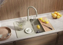 PRIMAGRAN Evier Cuisine en Granit Beige 78x50cm, Lavabo 1 bac + Kit de Vidage + Accessoires, Évier à Encastrer au meuble 50cm