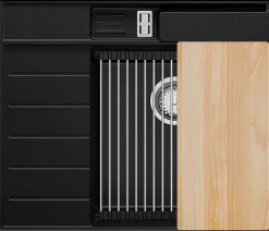 PRIMAGRAN Evier Cuisine en Granit Noir 62x53cm, Lavabo 1 bac + Kit de Vidage + Accessoires, Évier à Encastrer au meuble 45cm