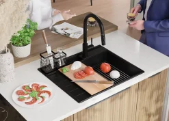 PRIMAGRAN Evier Cuisine en Granit Noir 62x53cm, Lavabo 1 bac + Kit de Vidage + Accessoires, Évier à Encastrer au meuble 45cm