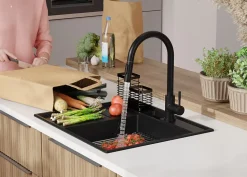 PRIMAGRAN Evier Cuisine en Granit Noir 62x53cm, Lavabo 1 bac + Kit de Vidage + Accessoires, Évier à Encastrer au meuble 45cm