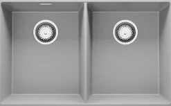 PRIMAGRAN Evier Cuisine en Granit Gris 76x47cm, Lavabo 2 bacs + Kit de Vidage + Accessoires, Évier à Encastrer au meuble 80cm