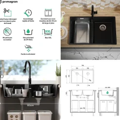 PRIMAGRAN Evier Cuisine en Granit Gris 76x47cm, Lavabo 2 bacs + Kit de Vidage + Accessoires, Évier à Encastrer au meuble 80cm